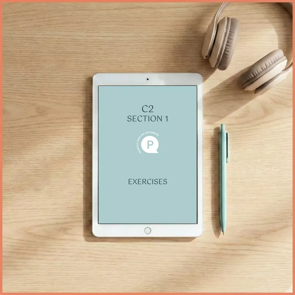 A C2 course exercise PDF from the Complete Grammar Programme on a tablet