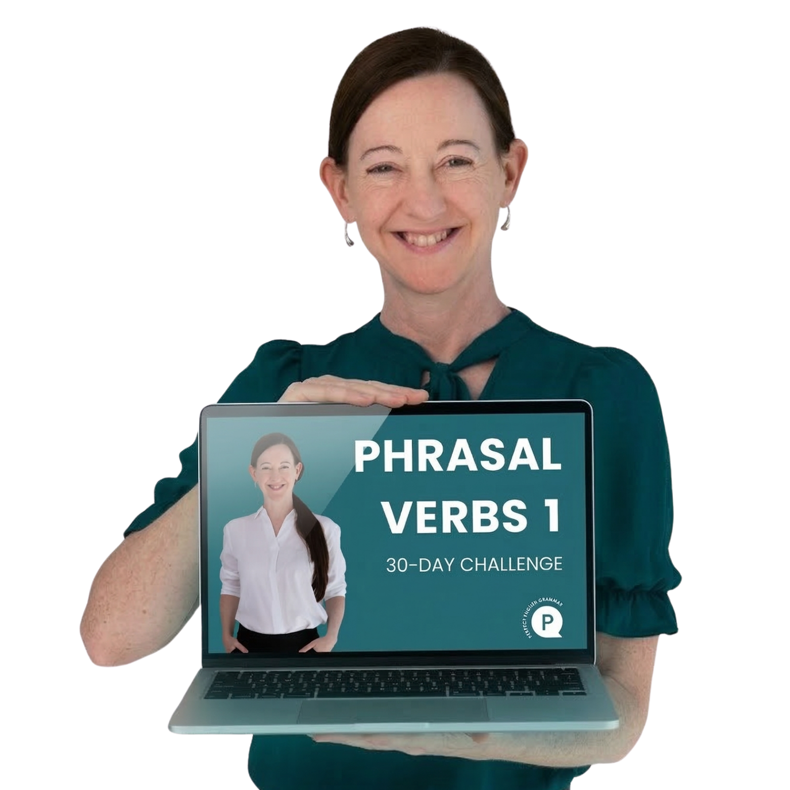 Seonaid holding a laptop showing the 30-Day Phrasal Verbs Challenge